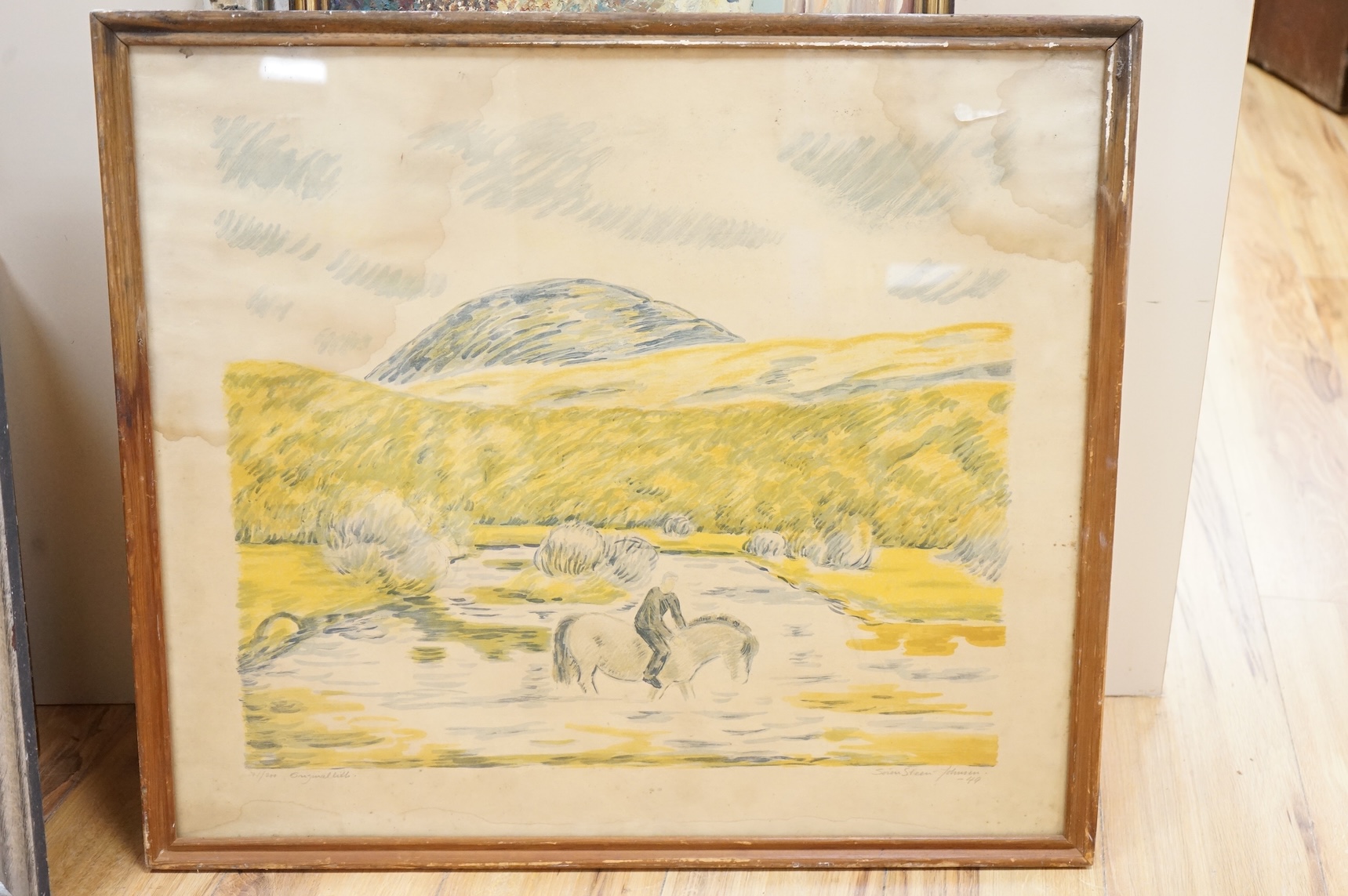 Steen Johnson, Horse watering, signed in pencil, limited edition 71/200, colour lithograph, 57 x 65cm
